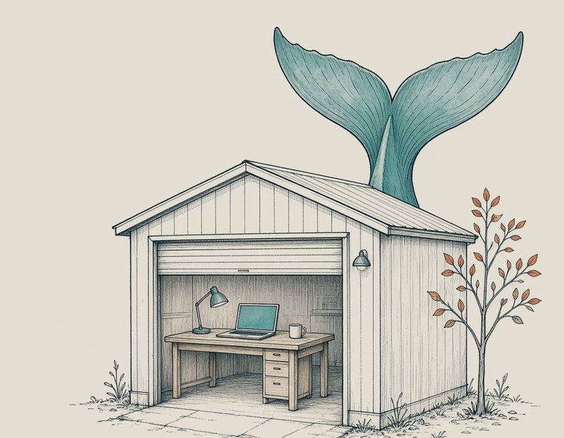 Ink drawing of a small garage with its roller door open, a desk and a glowing laptop inside, a young tree beside it and a whale tail rising up behind the roof.